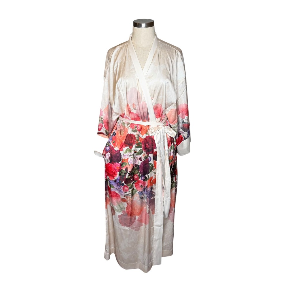 SOMA Robe Ivory Floral Satin Long Wrap Women's L/XL Watercolor Satin